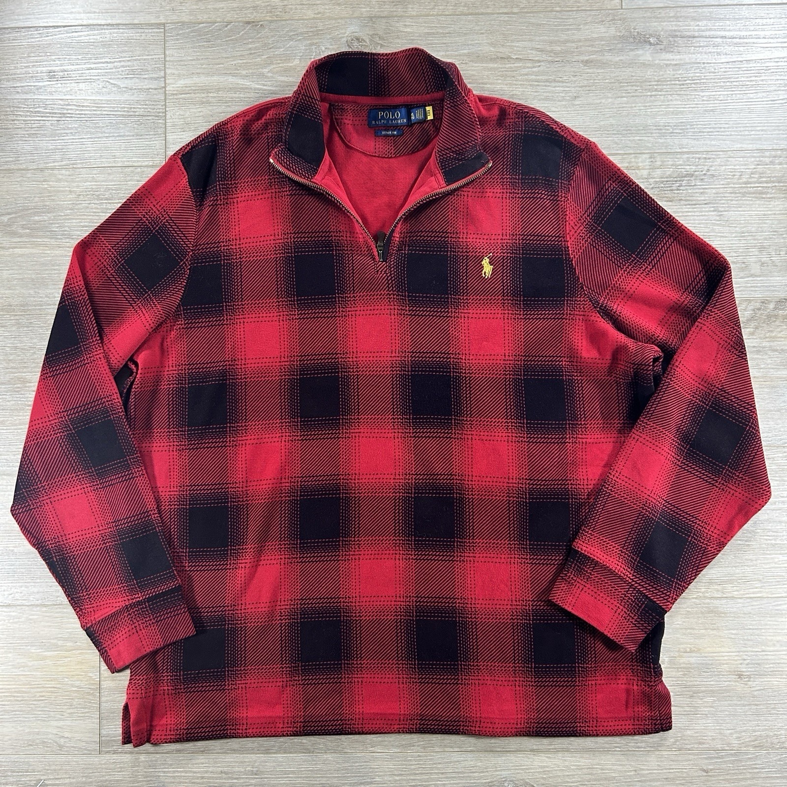Polo Ralph Lauren Mens Xl Red Black Buffalo Plaid Estate Rib Quarter Zip